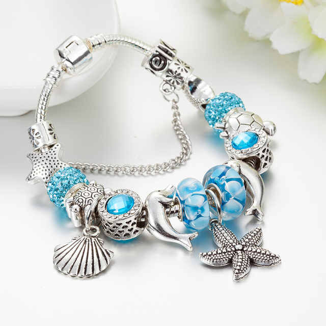Srebrna rozgwiazda bransoletka z koralikami dla kobiet z niebieskim kwiatem kryształowym wiszącym osprzętem - Wianko - 16