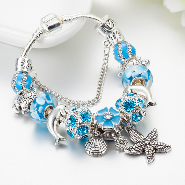 Srebrna rozgwiazda bransoletka z koralikami dla kobiet z niebieskim kwiatem kryształowym wiszącym osprzętem - Wianko - 18