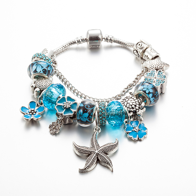 Srebrna rozgwiazda bransoletka z koralikami dla kobiet z niebieskim kwiatem kryształowym wiszącym osprzętem - Wianko - 4