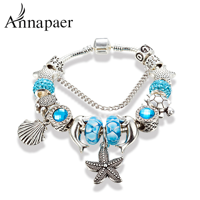 Srebrna rozgwiazda bransoletka z koralikami dla kobiet z niebieskim kwiatem kryształowym wiszącym osprzętem - Wianko - 17