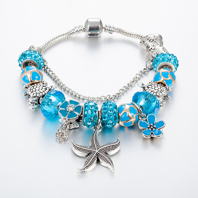 Srebrna rozgwiazda bransoletka z koralikami dla kobiet z niebieskim kwiatem kryształowym wiszącym osprzętem - Wianko - 27