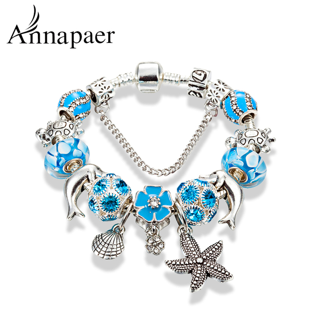 Srebrna rozgwiazda bransoletka z koralikami dla kobiet z niebieskim kwiatem kryształowym wiszącym osprzętem - Wianko - 20
