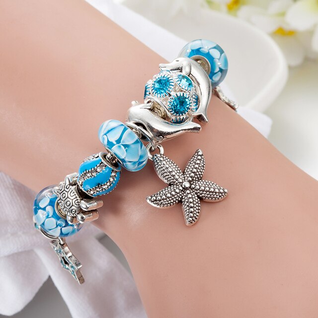 Srebrna rozgwiazda bransoletka z koralikami dla kobiet z niebieskim kwiatem kryształowym wiszącym osprzętem - Wianko - 15