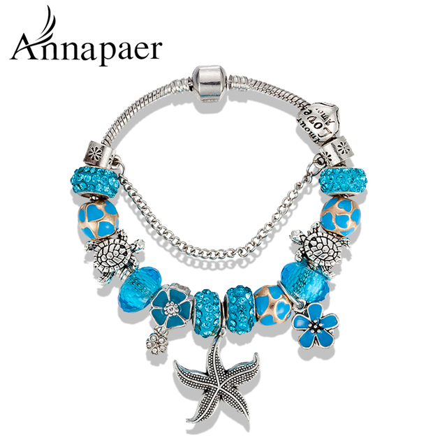 Srebrna rozgwiazda bransoletka z koralikami dla kobiet z niebieskim kwiatem kryształowym wiszącym osprzętem - Wianko - 28