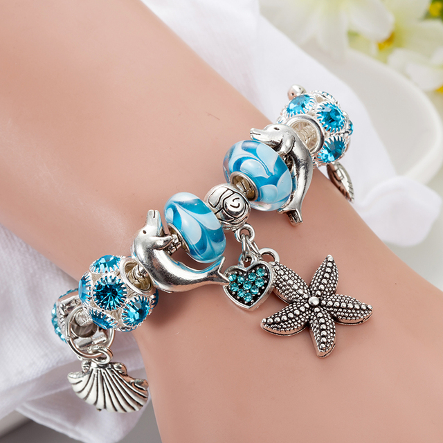Srebrna rozgwiazda bransoletka z koralikami dla kobiet z niebieskim kwiatem kryształowym wiszącym osprzętem - Wianko - 36