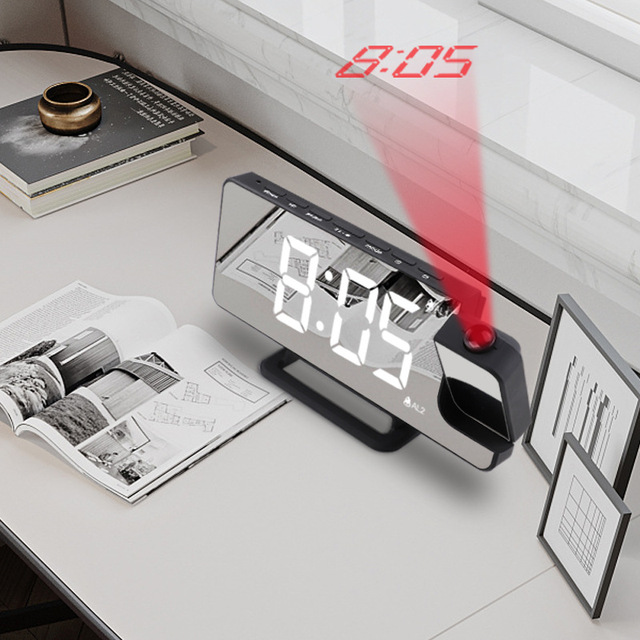 Cyfrowy projektor zegar budzik LED z podwójnym lustrem, 6 poziomów ściemniania, USB, funkcja drzemki - Wianko - 5