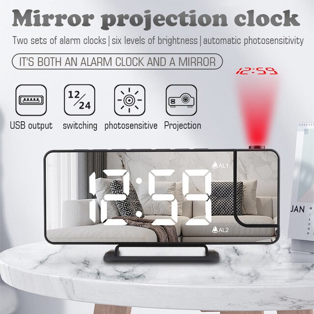 Cyfrowy projektor zegar budzik LED z podwójnym lustrem, 6 poziomów ściemniania, USB, funkcja drzemki - Wianko - 1