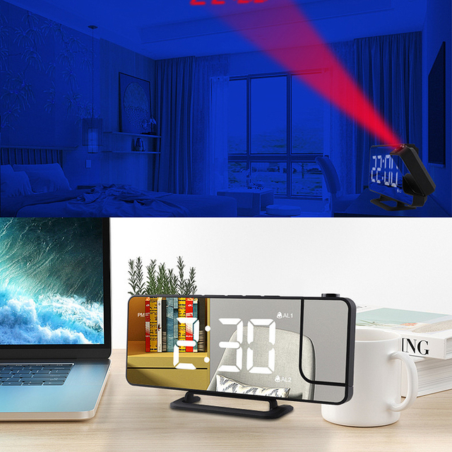 Cyfrowy projektor zegar budzik LED z podwójnym lustrem, 6 poziomów ściemniania, USB, funkcja drzemki - Wianko - 11