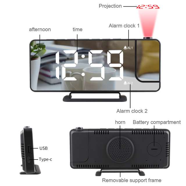Cyfrowy projektor zegar budzik LED z podwójnym lustrem, 6 poziomów ściemniania, USB, funkcja drzemki - Wianko - 6