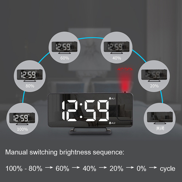 Cyfrowy projektor zegar budzik LED z podwójnym lustrem, 6 poziomów ściemniania, USB, funkcja drzemki - Wianko - 8