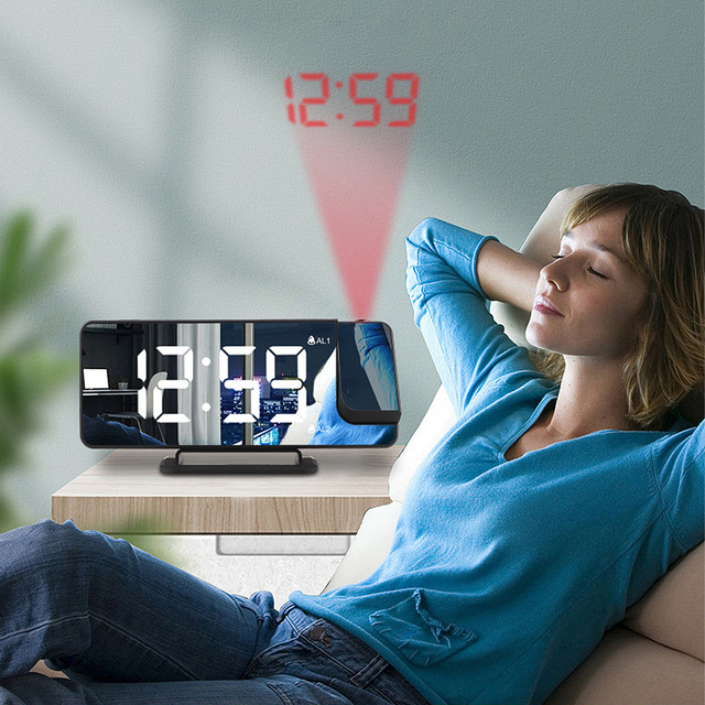 Cyfrowy projektor zegar budzik LED z podwójnym lustrem, 6 poziomów ściemniania, USB, funkcja drzemki - Wianko - 10