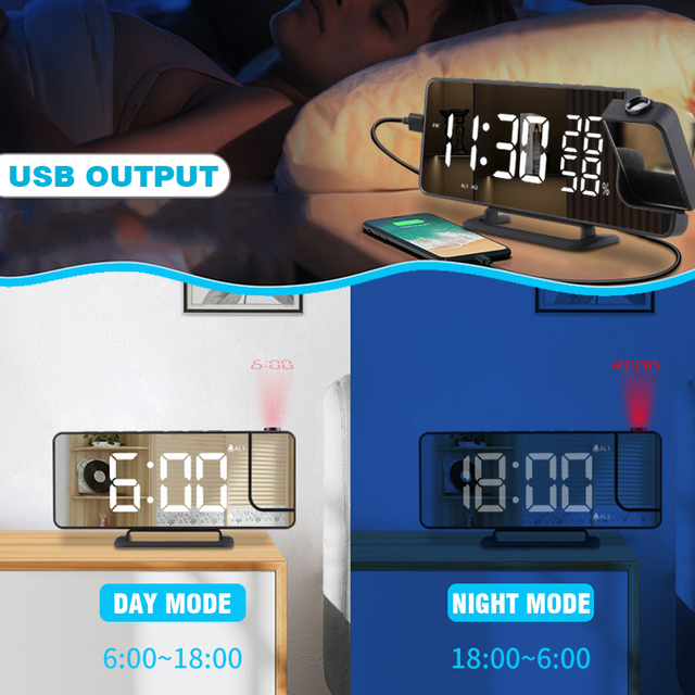 Cyfrowy projektor zegar budzik LED z podwójnym lustrem, 6 poziomów ściemniania, USB, funkcja drzemki - Wianko - 12