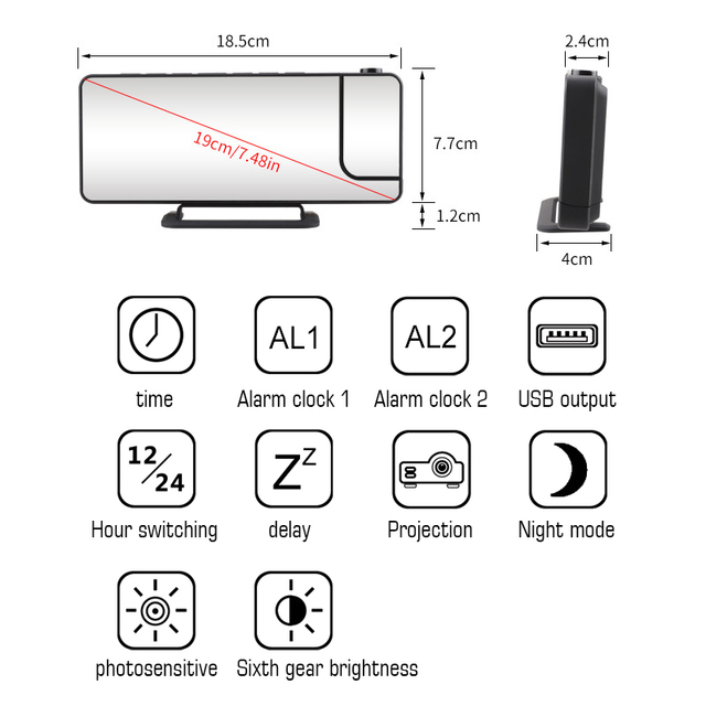 Cyfrowy projektor zegar budzik LED z podwójnym lustrem, 6 poziomów ściemniania, USB, funkcja drzemki - Wianko - 7