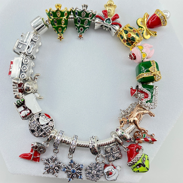 Srebrny koralik Pandora Pamela 925 łoś bożonarodzeniowy z świętym Mikołajem i urokiem śnieżynki - biżuteria DIY dla kobiet - Wianko - 12