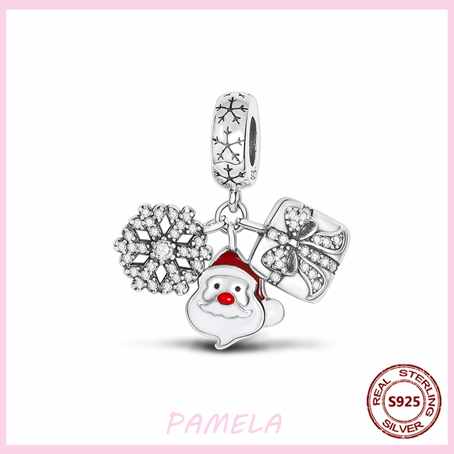Srebrny koralik Pandora Pamela 925 łoś bożonarodzeniowy z świętym Mikołajem i urokiem śnieżynki - biżuteria DIY dla kobiet - Wianko - 4