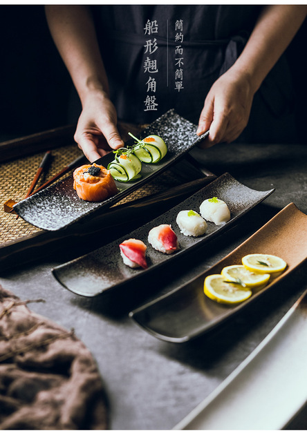 Długie japońskie naczynie sushi - prostokątny talerz, czarne, kreatywny styl, restauracyjny użytek - Wianko - 14