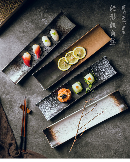 Długie japońskie naczynie sushi - prostokątny talerz, czarne, kreatywny styl, restauracyjny użytek - Wianko - 1