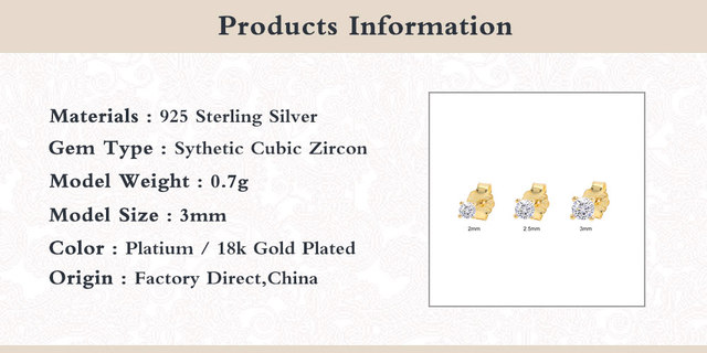 Zestaw 3 małych kolczyków sztyftowych dla kobiet z 925 srebra, kolorowe, różne rozmiary - Wianko - 1