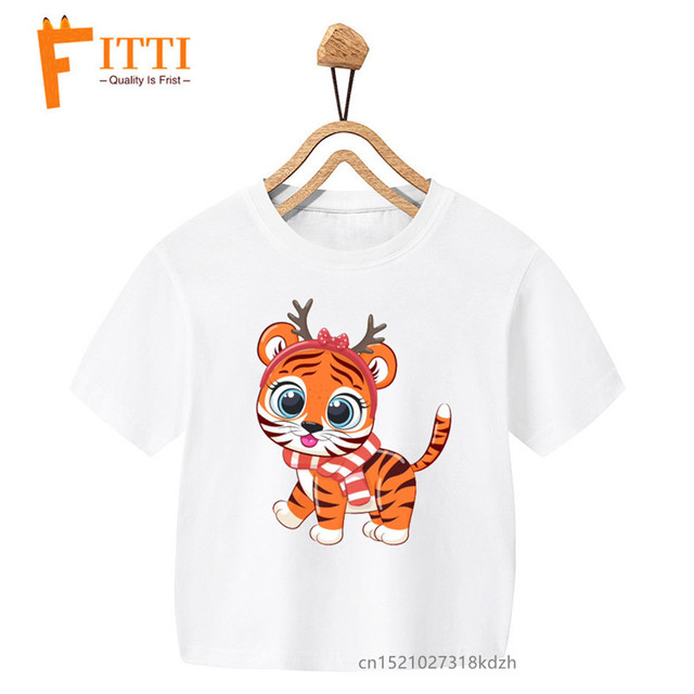 Biały T-shirt dla dziecka z nadrukiem tygrysa i dziewczynki - boże narodzenie, lato, Kawaii, zwierzęce ubrania - Wianko - 6