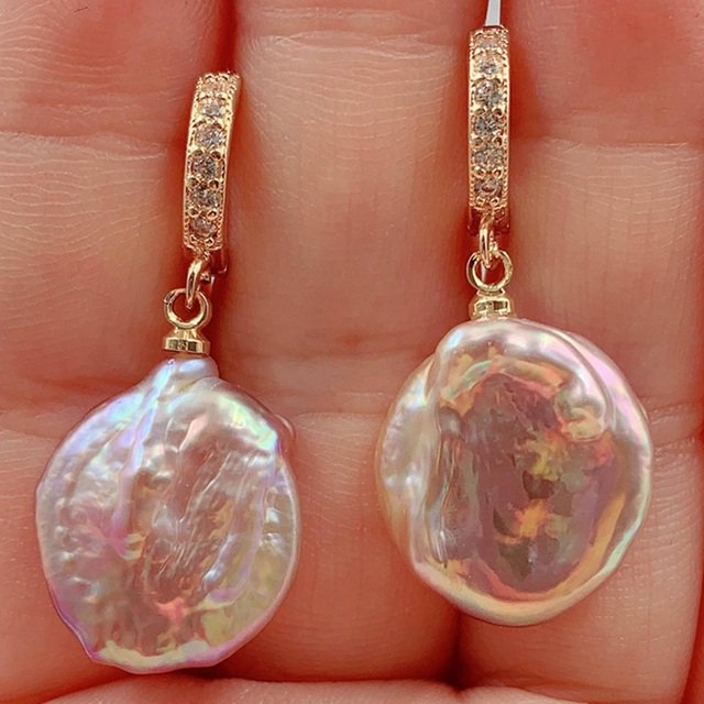 Kolczyki z pereł barokowych 16x19mm, 18K złote, wielobarwne, zaczep na ucho, biżuteria Aurora, klasyczne wiszące - Wianko - 2