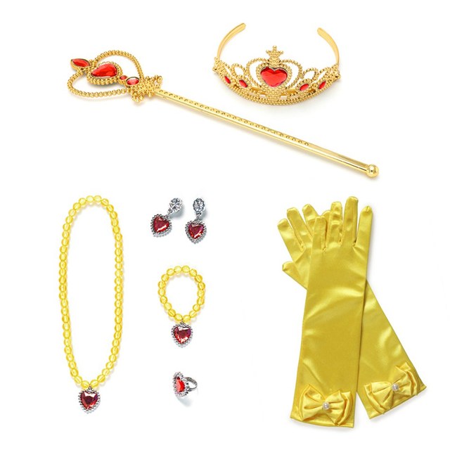 Zestaw 9 elementów biżuterii dla dzieci dziewczynki - korona, różdżka, rękawiczki, kolczyki, naszyjnik, bransoletka, pierścień z motywami Elsa, Sofii i Belle - Wianko - 1