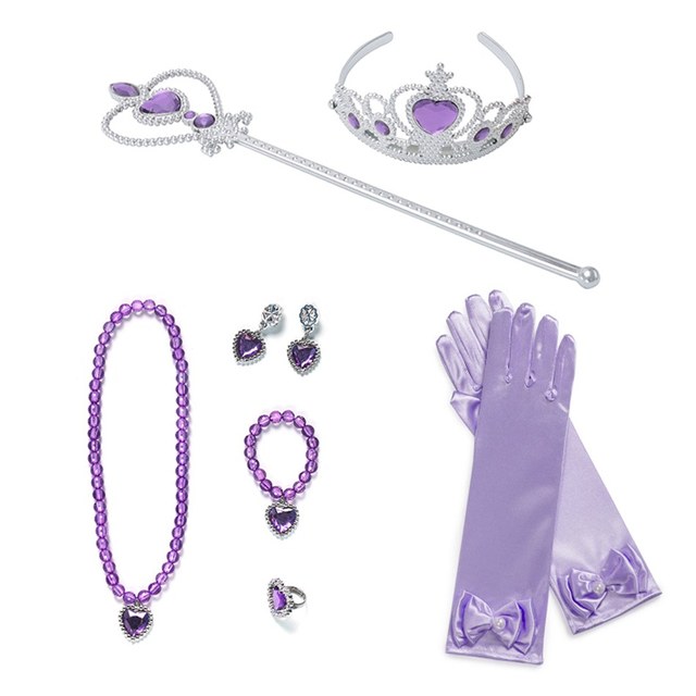 Zestaw 9 elementów biżuterii dla dzieci dziewczynki - korona, różdżka, rękawiczki, kolczyki, naszyjnik, bransoletka, pierścień z motywami Elsa, Sofii i Belle - Wianko - 4
