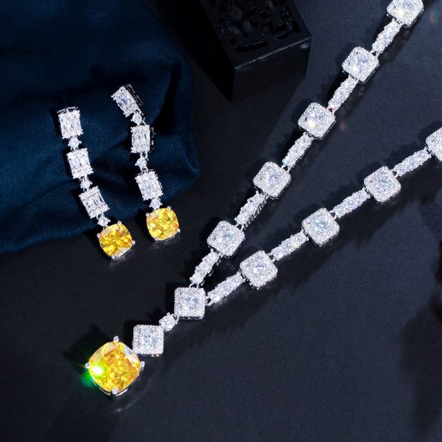 Zestaw biżuterii ślubnej z żółtą cyrkonią w klasycznym stylu - naszyjnik i kolczyki CWWZircons T591 - Wianko - 5