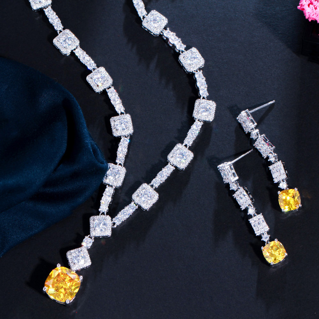 Zestaw biżuterii ślubnej z żółtą cyrkonią w klasycznym stylu - naszyjnik i kolczyki CWWZircons T591 - Wianko - 3