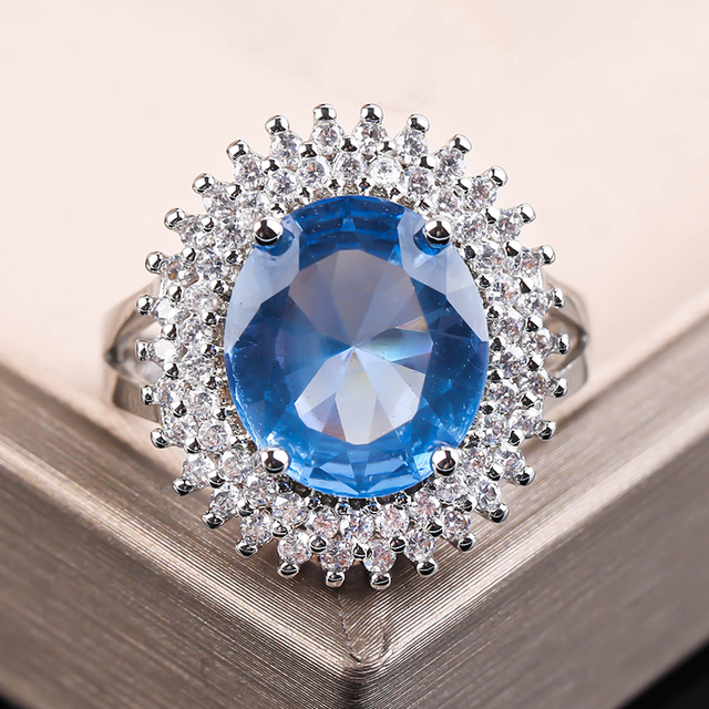Duży okrągły pierścień z niebieskim kamieniem i cyrkoniami - modna biżuteria ślubna (Z4H918) - Wianko - 13