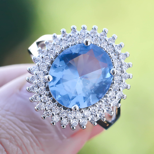 Duży okrągły pierścień z niebieskim kamieniem i cyrkoniami - modna biżuteria ślubna (Z4H918) - Wianko - 12
