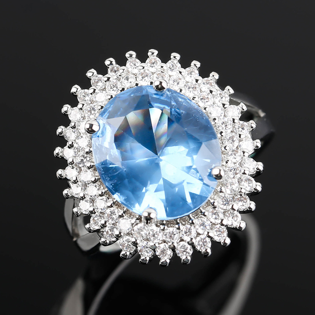 Duży okrągły pierścień z niebieskim kamieniem i cyrkoniami - modna biżuteria ślubna (Z4H918) - Wianko - 11