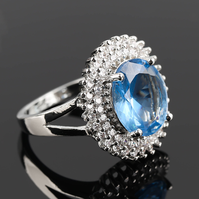 Duży okrągły pierścień z niebieskim kamieniem i cyrkoniami - modna biżuteria ślubna (Z4H918) - Wianko - 14
