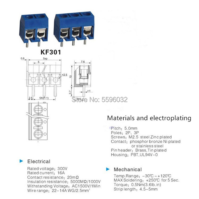 Zaciski śrubowe PCB 2P 5.0mm KF301 w kolorach niebieskim, zielonym, czerwonym, czarnym - 10 sztuk/partia - Wianko - 2