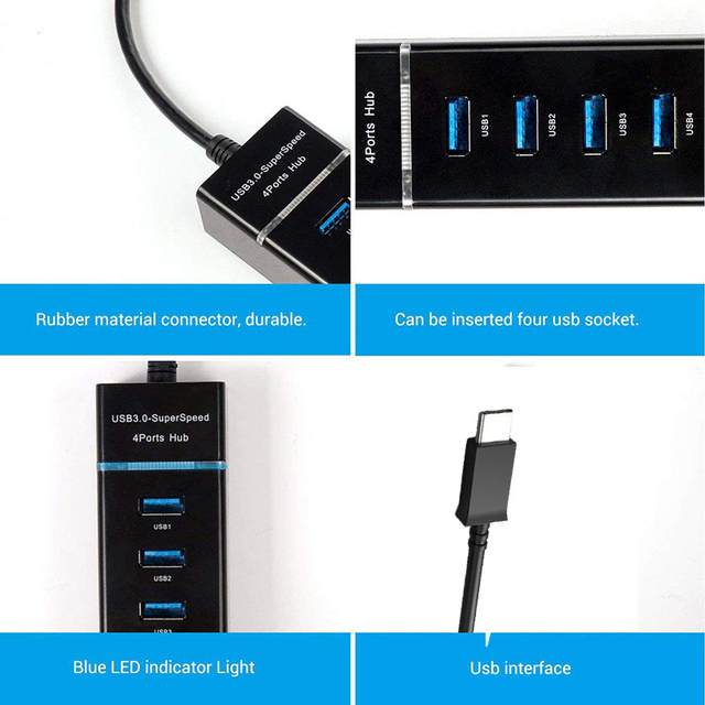 USB HUB 3.0 4 porty typu C z adapterem OTG, dla komputera PC, Notebooka, laptopa - hub USB 3.0 z LED - Wianko - 6