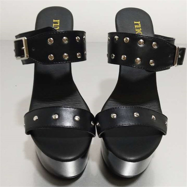 Czarne damskie pantofle na wysokim obcasie, platforma 15cm, metalowa klamra, modny wzór Color Block - Wianko - 4