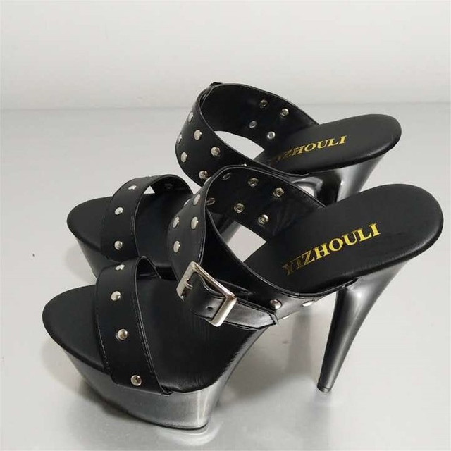 Czarne damskie pantofle na wysokim obcasie, platforma 15cm, metalowa klamra, modny wzór Color Block - Wianko - 5