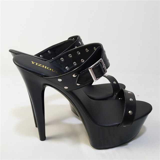 Czarne damskie pantofle na wysokim obcasie, platforma 15cm, metalowa klamra, modny wzór Color Block - Wianko - 6