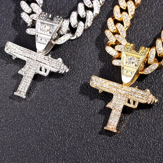 Naszyjnik kubański łańcuszkowy z wisiorkiem Hip Hop Iced Out UZI Gun dla mężczyzn i kobiet, 13mm szerokość naszyjnika, styl Miami Link Choker, biżuteria rockowa, prezenty - Wianko - 6