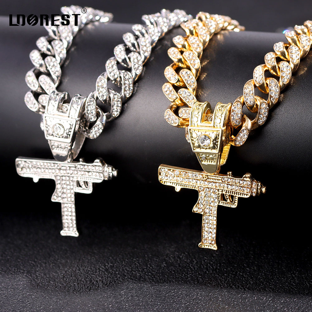 Naszyjnik kubański łańcuszkowy z wisiorkiem Hip Hop Iced Out UZI Gun dla mężczyzn i kobiet, 13mm szerokość naszyjnika, styl Miami Link Choker, biżuteria rockowa, prezenty - Wianko - 1