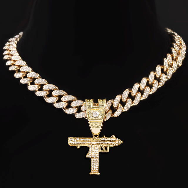 Naszyjnik kubański łańcuszkowy z wisiorkiem Hip Hop Iced Out UZI Gun dla mężczyzn i kobiet, 13mm szerokość naszyjnika, styl Miami Link Choker, biżuteria rockowa, prezenty - Wianko - 3