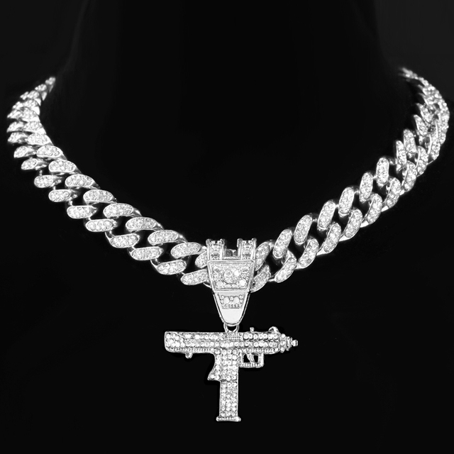 Naszyjnik kubański łańcuszkowy z wisiorkiem Hip Hop Iced Out UZI Gun dla mężczyzn i kobiet, 13mm szerokość naszyjnika, styl Miami Link Choker, biżuteria rockowa, prezenty - Wianko - 2