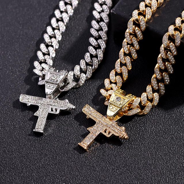 Naszyjnik kubański łańcuszkowy z wisiorkiem Hip Hop Iced Out UZI Gun dla mężczyzn i kobiet, 13mm szerokość naszyjnika, styl Miami Link Choker, biżuteria rockowa, prezenty - Wianko - 5