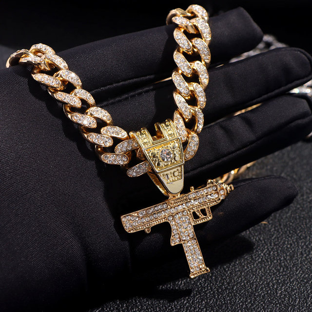 Naszyjnik kubański łańcuszkowy z wisiorkiem Hip Hop Iced Out UZI Gun dla mężczyzn i kobiet, 13mm szerokość naszyjnika, styl Miami Link Choker, biżuteria rockowa, prezenty - Wianko - 7