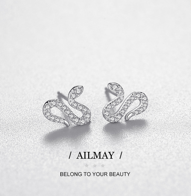 Kolczyki Ailmay Fashion 925 Sterling Silver Cute Animal - urocze srebrne kolczyki w kształcie małej wężowej główki zdobione błyszczącymi kamieniami Zirkonia - doskonałe jako delikatna biżuteria prezentowa dla kobiet i dziewczyn - antyalergiczne złoto 925 - Wianko - 1
