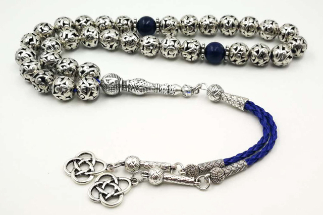 Pleciona bransoletka z korali i naturalnym lapis lazuli, srebrna tasbih do modlitwy Islamu - Wianko - 1