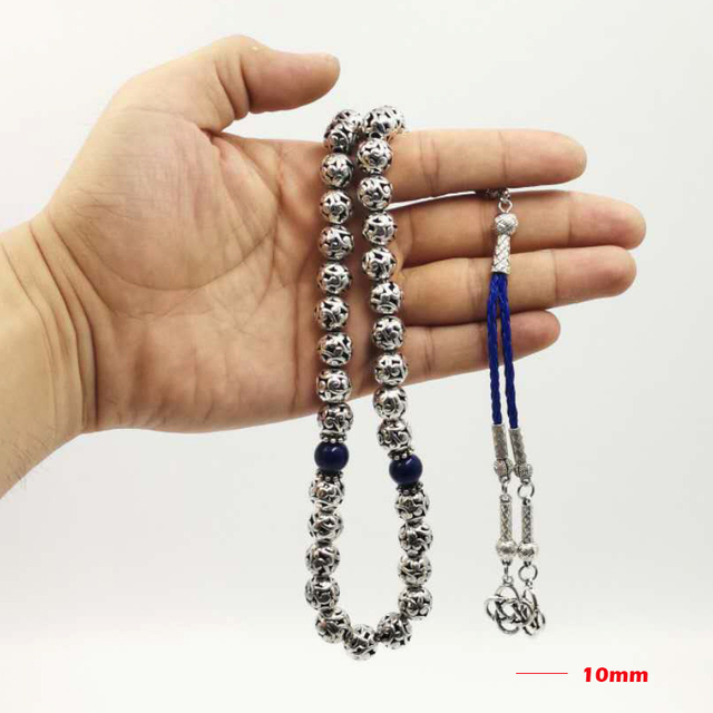 Pleciona bransoletka z korali i naturalnym lapis lazuli, srebrna tasbih do modlitwy Islamu - Wianko - 3