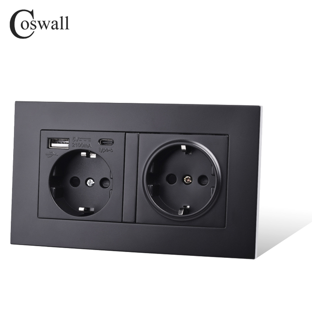 Gniazdo ścienne z uziemieniem COSWALL do ładowania USB A i type-c, 2A wyjście, panel PC matowy czarny E20 - Wianko - 11