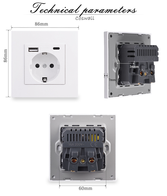 Gniazdo ścienne z uziemieniem COSWALL do ładowania USB A i type-c, 2A wyjście, panel PC matowy czarny E20 - Wianko - 9