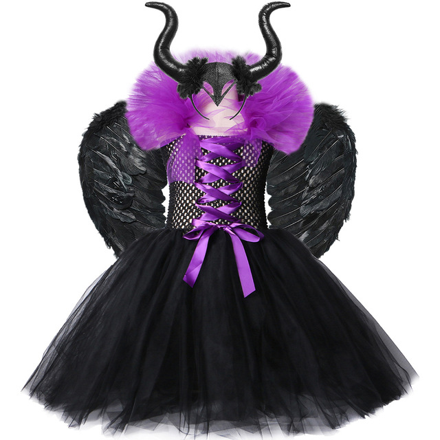 Kostium czarownicy + kapelusz + skrzydła dla nastolatek na Halloween - czarna, z odkrytymi plecami, w stylu bal przebierańców, z tiulową sukienką, dla dziewczynek w wieku 2-12 lat - Wianko - 5