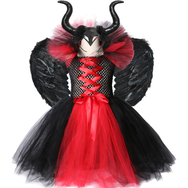 Kostium czarownicy + kapelusz + skrzydła dla nastolatek na Halloween - czarna, z odkrytymi plecami, w stylu bal przebierańców, z tiulową sukienką, dla dziewczynek w wieku 2-12 lat - Wianko - 1